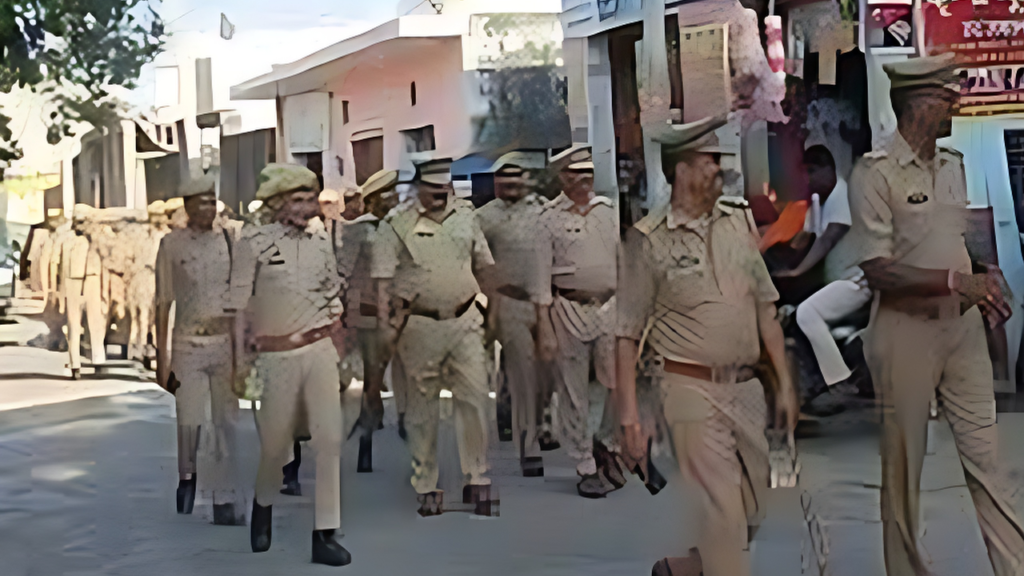 पुलिस-अधिकारियों-ने-फ्लैग-मार्च-के-दौरान-शहर-के-प्रमुख-चौराहों-पर-पैदल-मार्च-किया